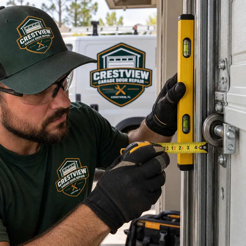 Garage door track alignment being checked with a level and measuring tape