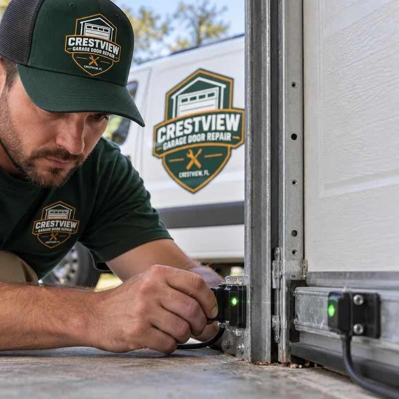 Garage door opener safety sensors being aligned and tested
