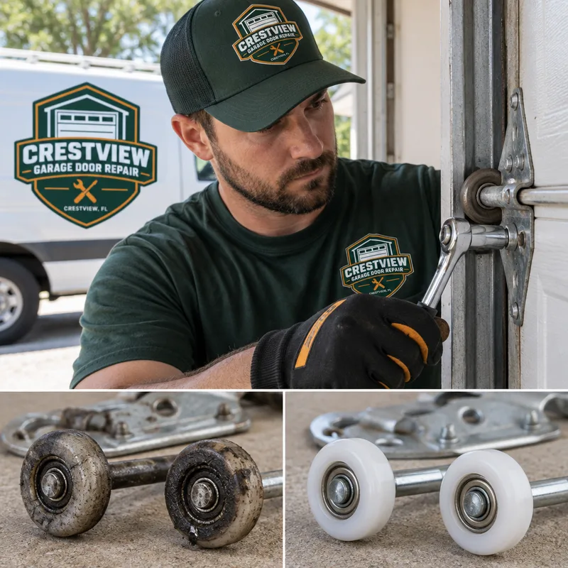 Worn nylon garage door rollers and hinge points being replaced