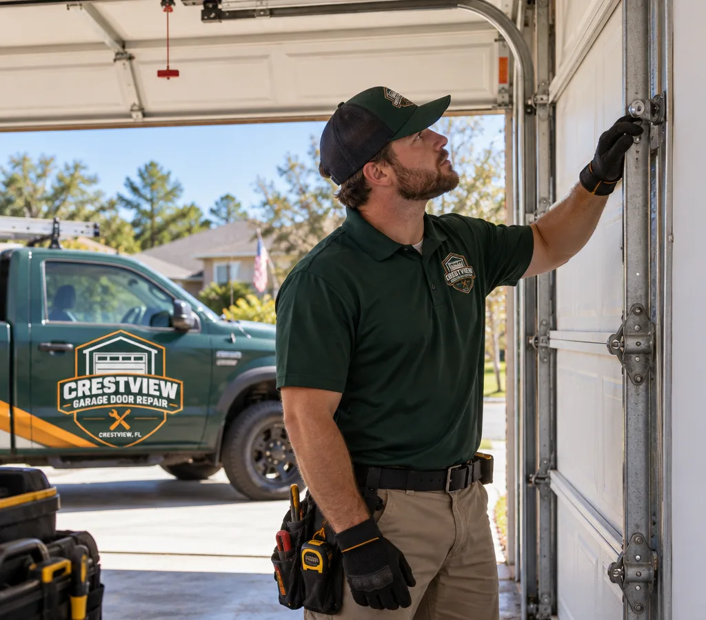 Technician inspecting garage door rollers, hinges, and track alignment at a Crestview-area home