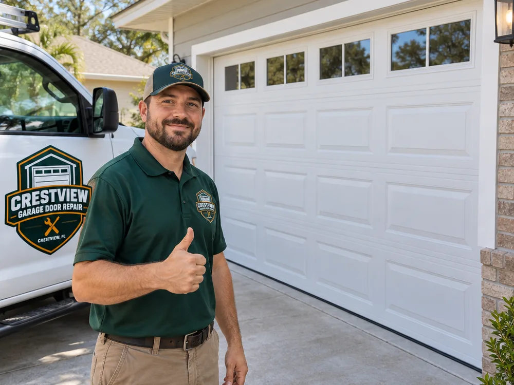 Residential garage door sitting level after repair with even gaps and a clean floor seal