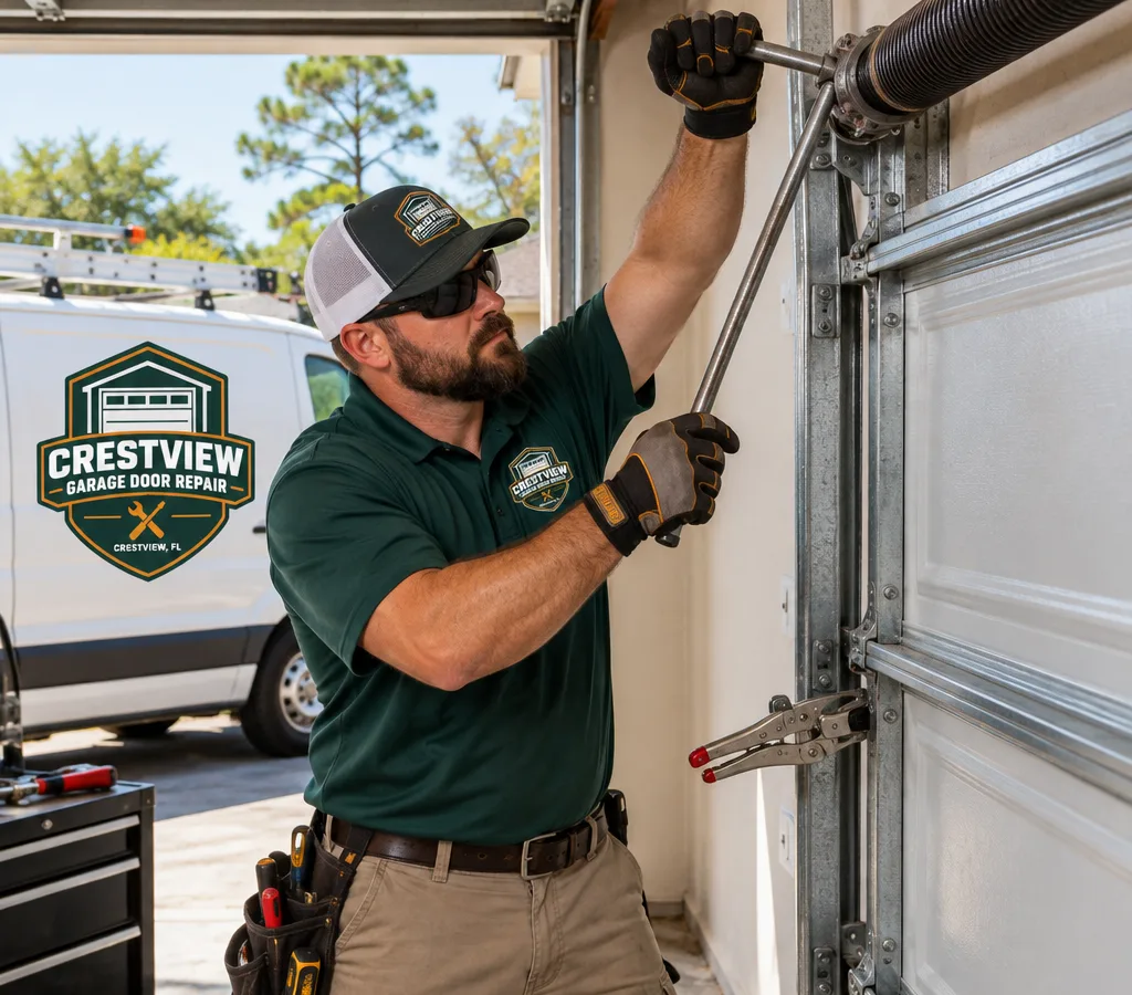 Technician safely winding a torsion spring with winding bars in a residential garage