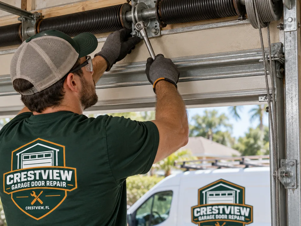 Torsion shaft, cable drums, center bearing plate, and seated lift cables above a garage door