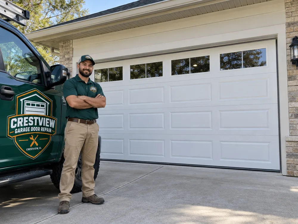 New sectional garage door with consistent panel spacing, straight tracks, and tidy jamb seals