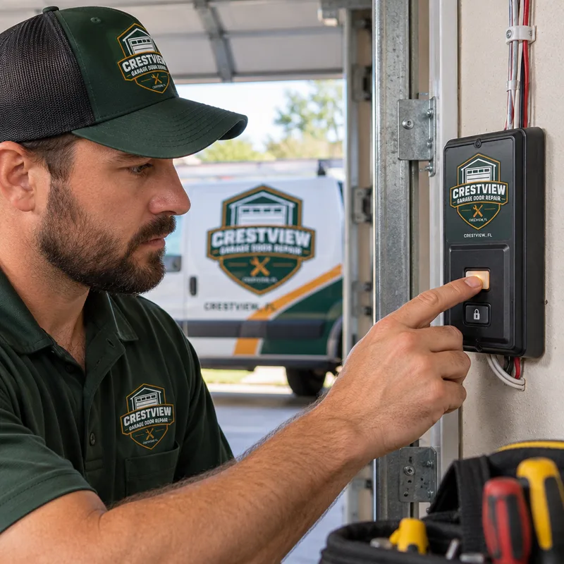 Technician testing a wall-mounted garage door control panel and wiring