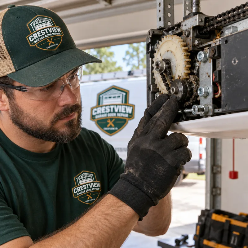 Technician inspecting a garage door opener drive gear housing and sprocket