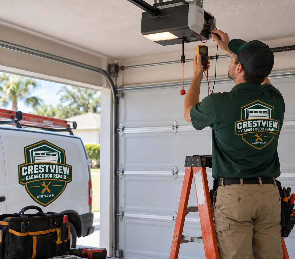 Technician diagnosing a ceiling-mounted garage door opener with a handheld meter