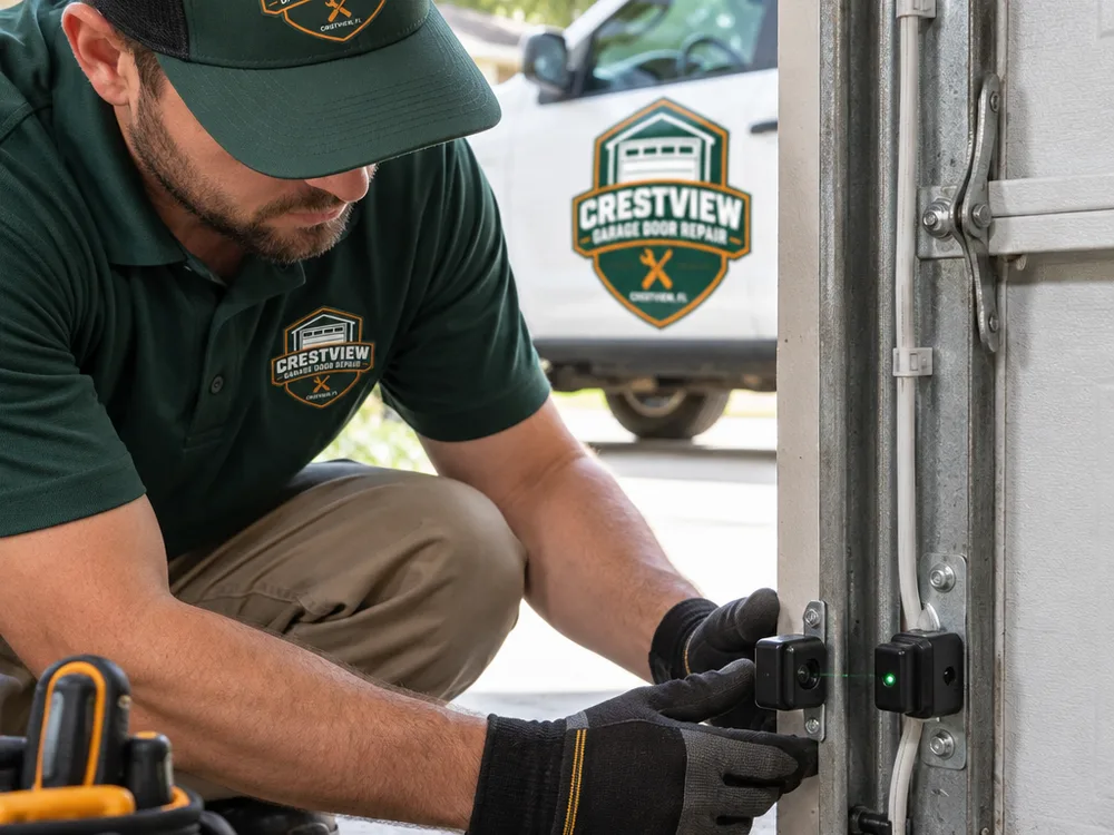 Properly aligned garage door photo-eye safety sensors with secure brackets and intact wiring