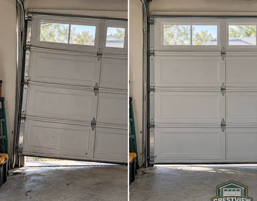 Before and after view of an off-track crooked garage door reset with aligned rollers and straight travel