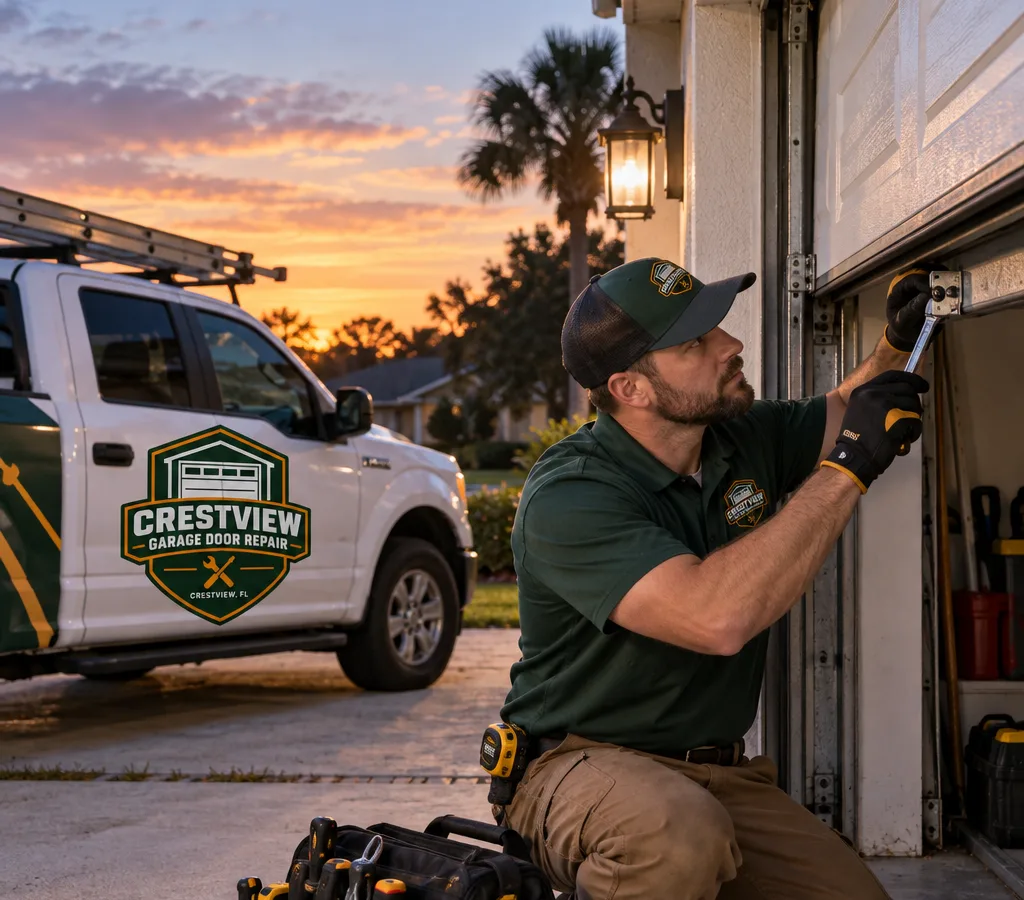 Technician working on a stuck residential garage door in a driveway at dusk with tools and a service truck nearby