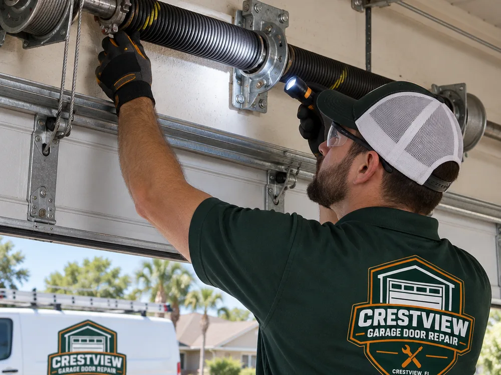 Technician inspecting a garage door torsion spring, winding cone, bearing plate, cable drums, and lift cables