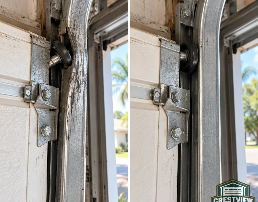 Before and after view of an off-track roller reset and straightened garage door track