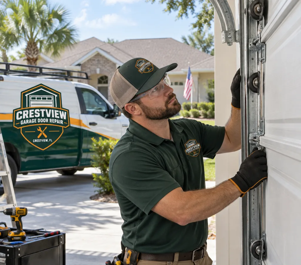 Technician guiding a secured residential garage door back into its vertical track